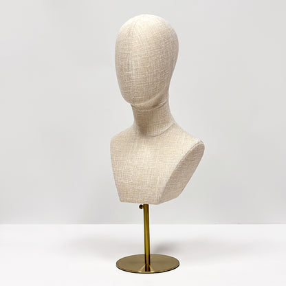 DE-LIANG Fully Pinnable Linen Mannequin Head Form,Bamboo linen Display Manikin Head Stand With Golden Round Base, Detachable Adjustable Heigh Pole
