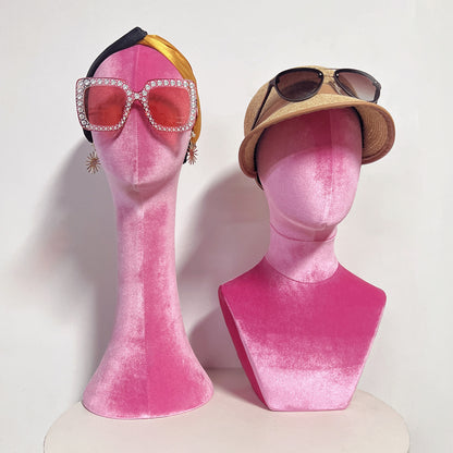 Luxurious Pink Velvet Head Model, Fully Pinnable Cloth Head Mannequin, Head Hat Stand/Display, lace Head Wig Stand, Hat Rack w/ Fabric DLA45-VPK/DLA38-VPK/DLA50-VPK DE-LIANG