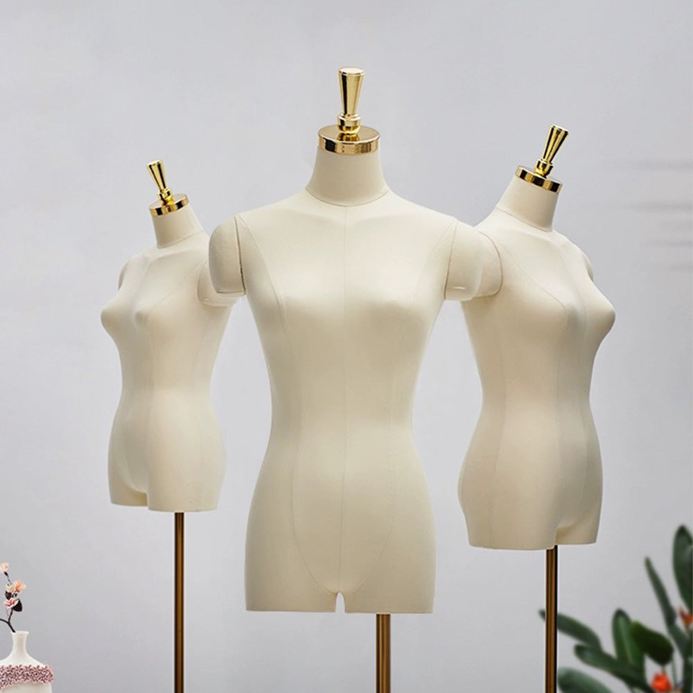 Natural Beige Female Half Body Mannequin With Adjustable Gold Square Base and Wooden Arms,Golden Head Cover Female Mannequin Dress Form DL0071 De-Liang Dress Forms