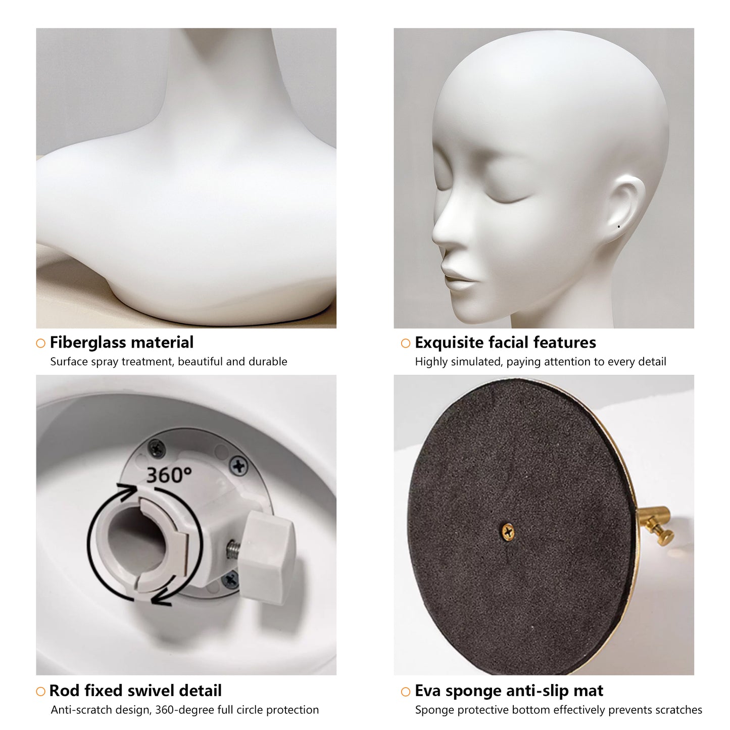 DE-LIANG Luxury Matte White Fiberglass Female Head Mannequin with Optional Metal Base for Jewelry Display Hat Wigs Dsipaly