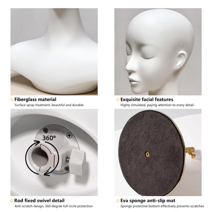 DE-LIANG Luxury Matte White Fiberglass Female Head Mannequin with Optional Metal Base for Jewelry Display Hat Wigs Dsipaly