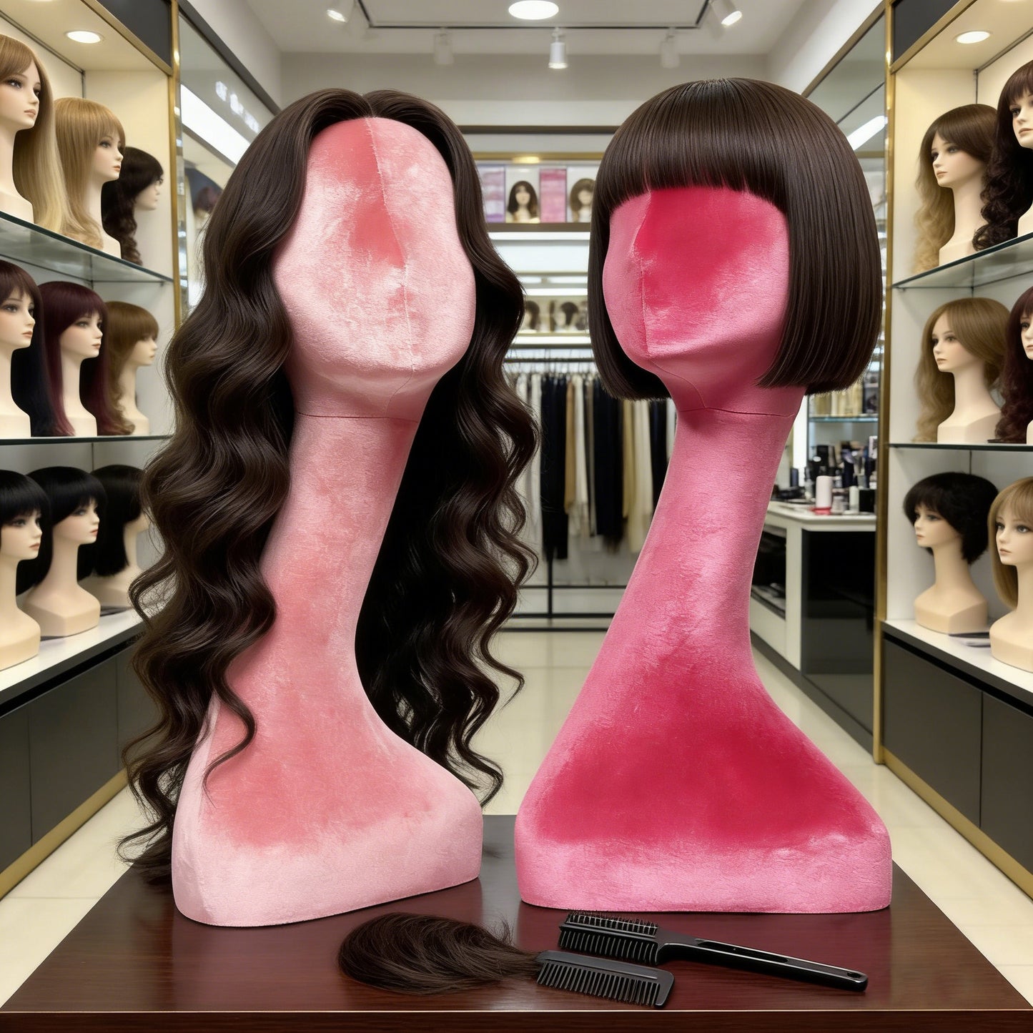 DE-LIANG Elegant Long Neck Velvet Female Mannequin Head, Rose Red/Light Pink Display Head for Wig Shops Jewelry Stores Boutiques Photography*1pcs