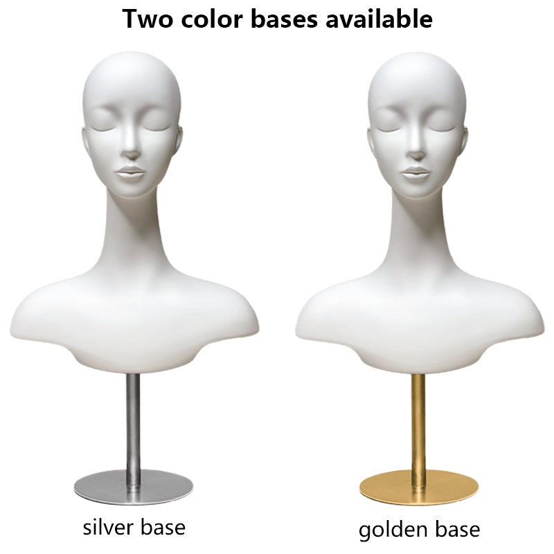 DE-LIANG Luxury Matte White Fiberglass Female Head Mannequin with Optional Metal Base for Jewelry Display Hat Wigs Dsipaly