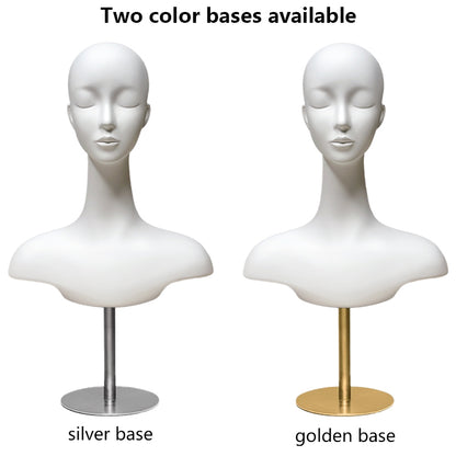 DE-LIANG Luxury Matte White Fiberglass Female Head Mannequin with Optional Metal Base for Jewelry Display Hat Wigs Dsipaly