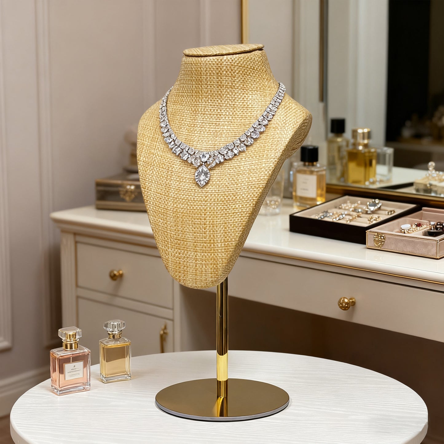 DE-LIANG Woven Rattan Necklace Bust & Hat Display Stand – For Jewelry and Hat Display