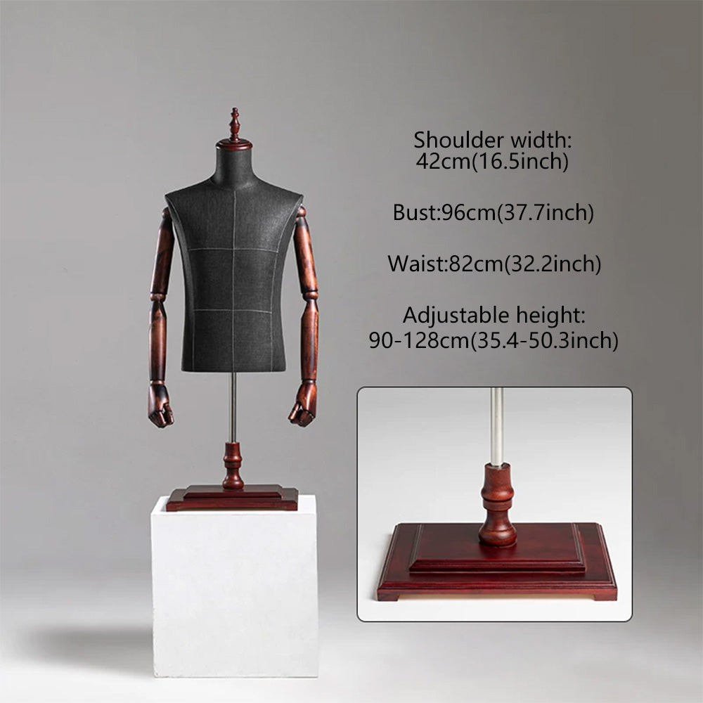 DE-LIANG Male Half Body Mannequin | Poseable Wood Arms Suit Display Dress Form