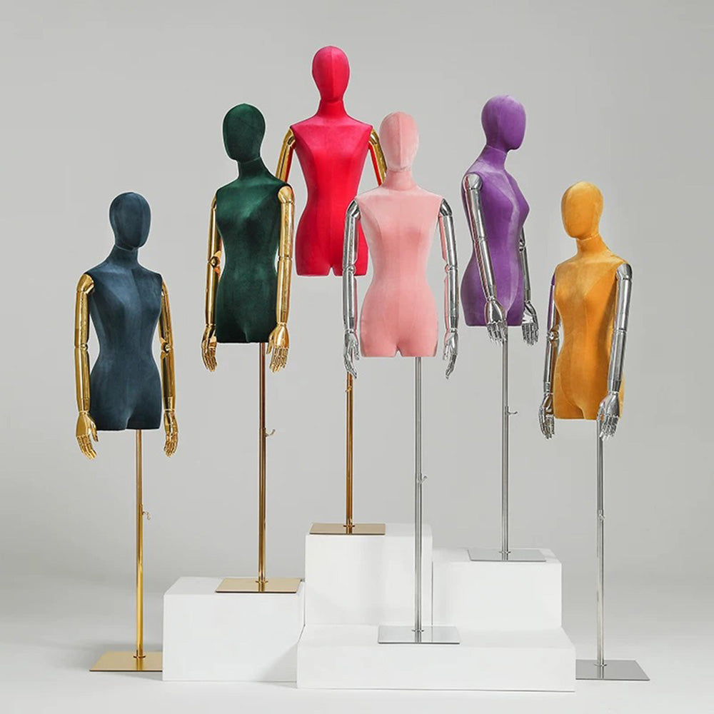 DE-LIANG Velvet Female Half Body Mannequin With Head,Adjustable Display Mannequin with Plated Golden Arms,Pink Color Women Torso Dress Form for Window Clothes Display,Boutique