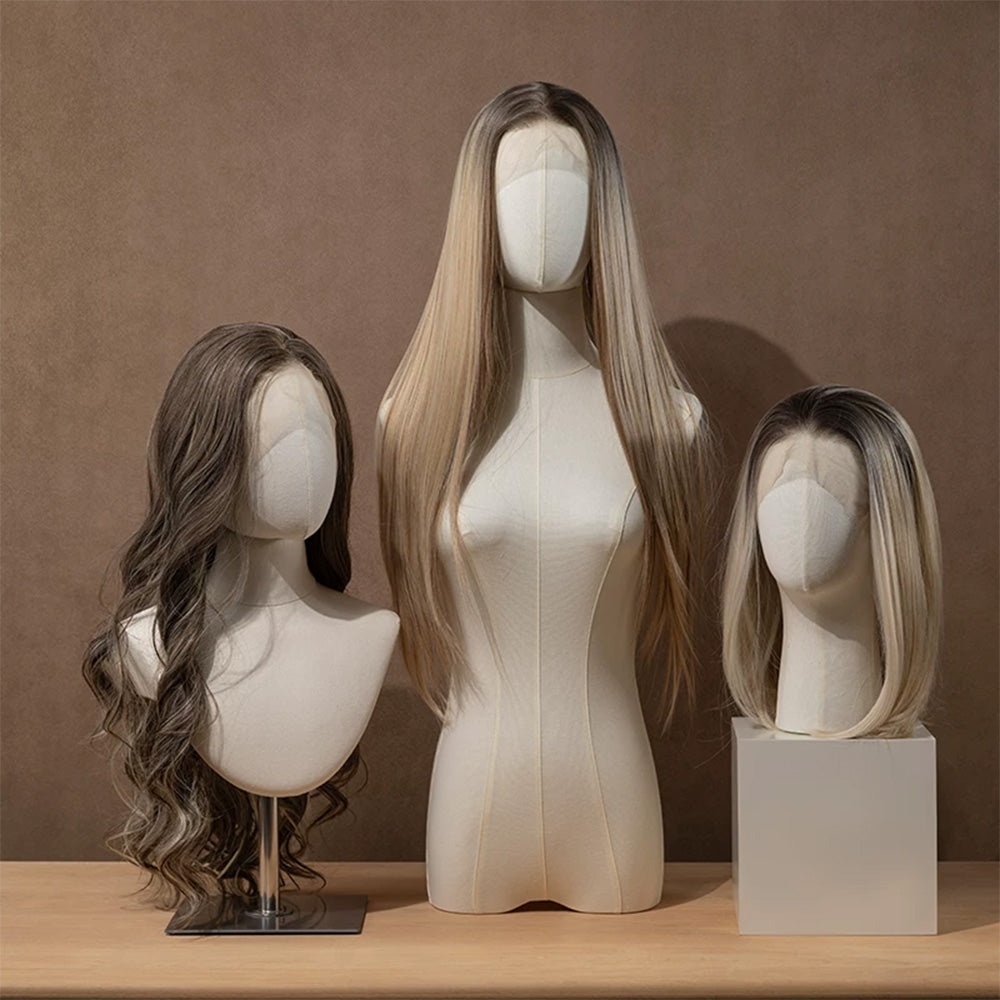 DE-LIANG Linen Mannequin Head Stand for Wigs Hats Scarves Display with Adjustable Base