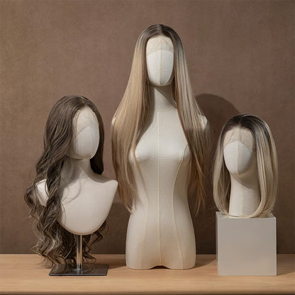DE-LIANG Linen Mannequin Head Stand for Wigs Hats Scarves Display with Adjustable Base