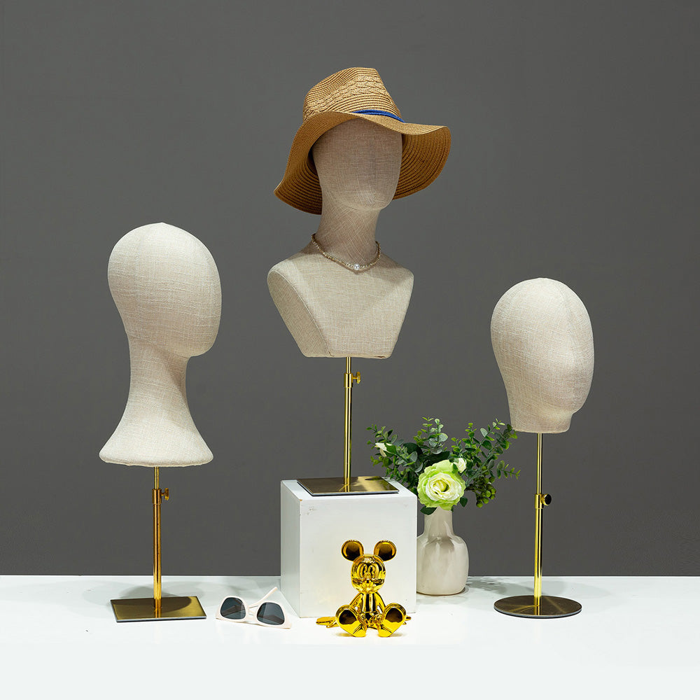 DE-LIANG Fully Pinnable Linen Mannequins Head,Bamboo linen Display Manikin Head Stand With Golden Round Base, Detachable Adjustable Heigh Pole