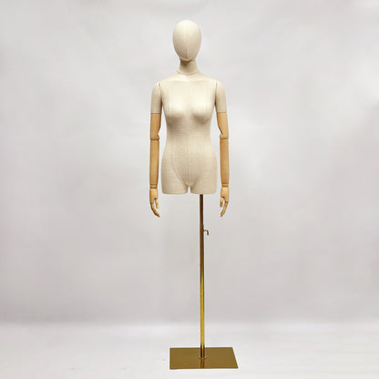 Maniquí femenino de lino de talla grande, totalmente sujetable con alfileres, forma de busto de tela, torso de medio cuerpo, forma de vestido con brazos de madera, base dorada.