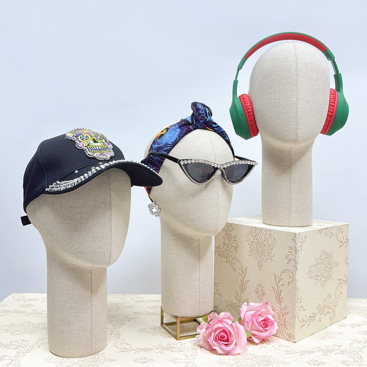 DLH1908 Head Mannequin,head dummy,Grey Linen Fabric Mannequin Head for hat Wig headphone Sunglasses Headphone Display Rack ,Earring model