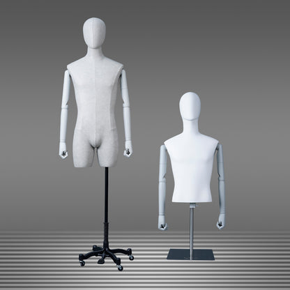 DE-LIANG Male Full & Half Body Mannequin Set | White Fiberglass Dress Form Display with Adjustable Wooden Arms | Standing & Sitting Male Mannequin for Clothing Store Window Display