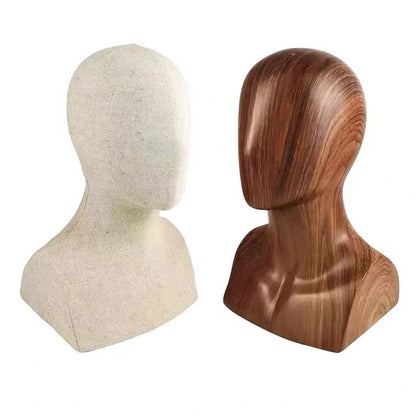 DE-LIANG Linen & Wooden Head Model Display Stand — Jewelry, Wig & Hat Display Mannequin Head | Boutique Countertop Mannequin Bust for Necklaces, Hats, Wigs & Accessories