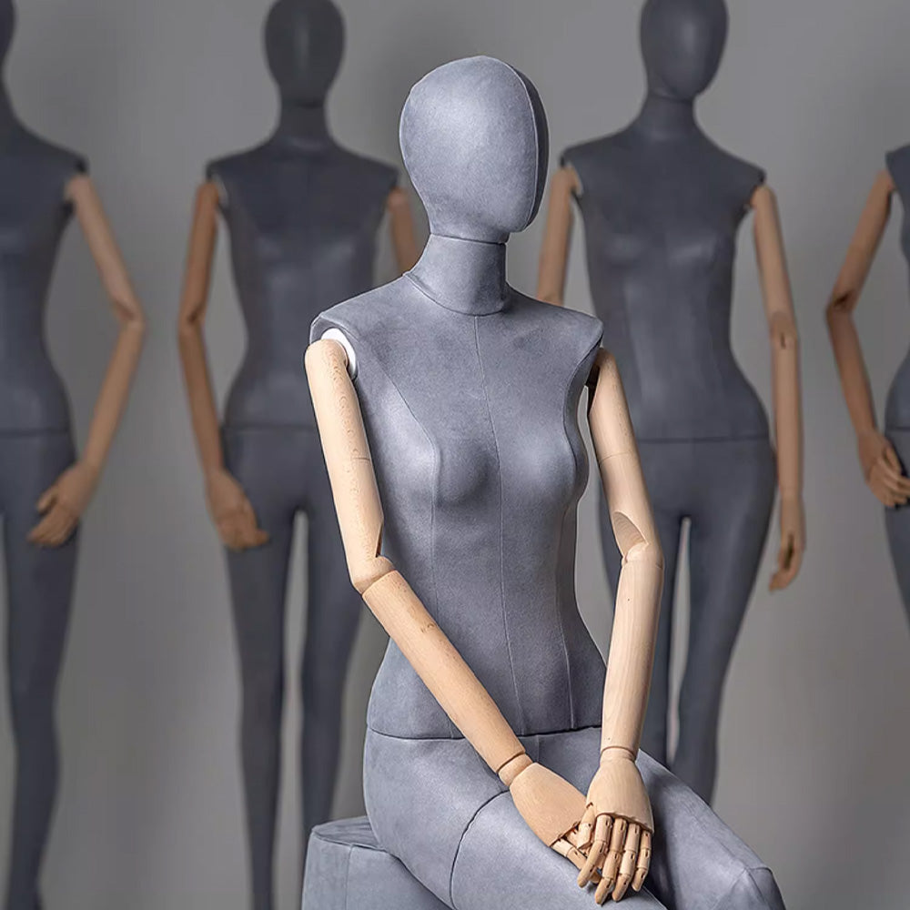 Grey Suede Female Full Body Mannequin with Wooden Arms