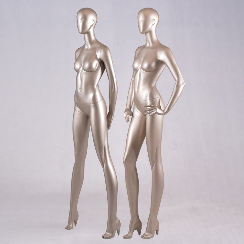 DE-LIANG Glossy Champagne Gold Female Full Body Mannequin Set – Abstract Head Fiberglass Display Model for Boutique Window, Clothing Store Dress Form Props, Standing & Sitting Fashion Mannequins