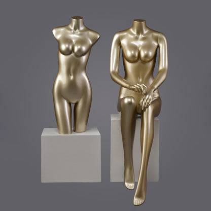 DE-LIANG Glossy Gold Female Full Body & Half Body Mannequin Set,Fiberglass Display Torso for Clothing, Lingerie, Underwear, Dress & Boutique Window Showcase Props