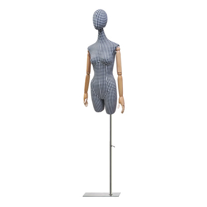 Fashion Female Fabric Mannequin, Woman Half Body Display Plaid Cloth Long Neck Twist Head Model Dressform with Wooden Arms, Linen Fabric, - De-Liang Dress Forms