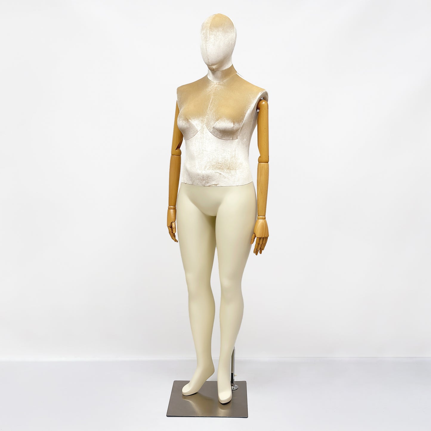 DE-LIANG Elegant Plus Size Female Mannequin with Wood Arms,Upper Velvet Body and Painted Legs,Women Dress Form,Window Display Troso with Silver Base