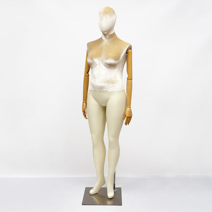 DE-LIANG Elegant Plus Size Female Mannequin with Wood Arms,Upper Velvet Body and Painted Legs,Women Dress Form,Window Display Troso with Silver Base