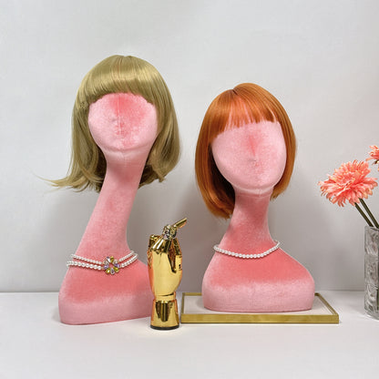 DE-LIANG Mannequin Head, Long Neck Velvet Mannikin Head for Wig Hat Jewelry Display, Pink Head Model for Window Display,1pcs