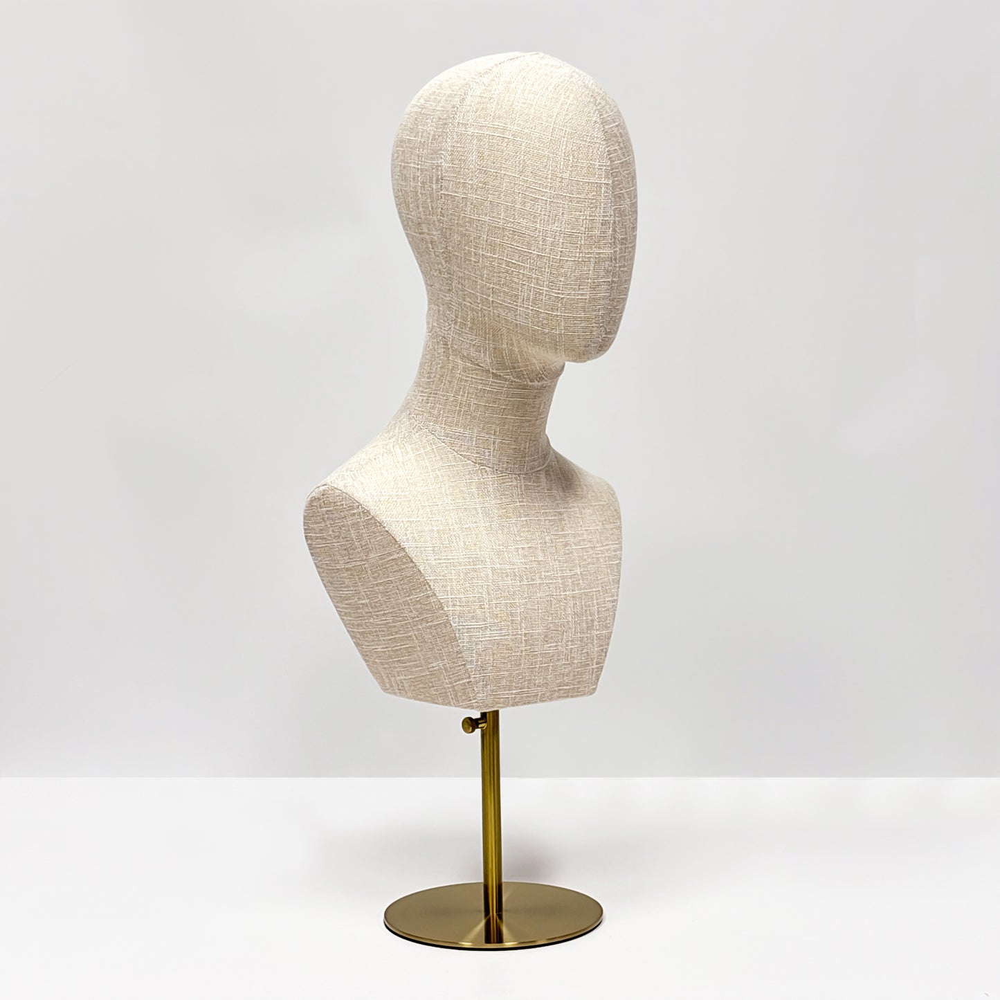 DE-LIANG Fully Pinnable Linen Mannequin Head Form,Bamboo linen Display Manikin Head Stand With Golden Round Base, Detachable Adjustable Heigh Pole