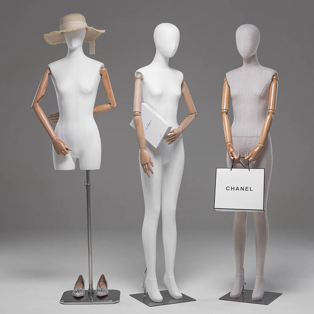 DE-LIANG Female Full / Half Body Mannequin with Adjustable Wooden Arms,Dress Form Display Torso with Metal Stand,Linen & White Finish Display Mannequins for Clothing Store
