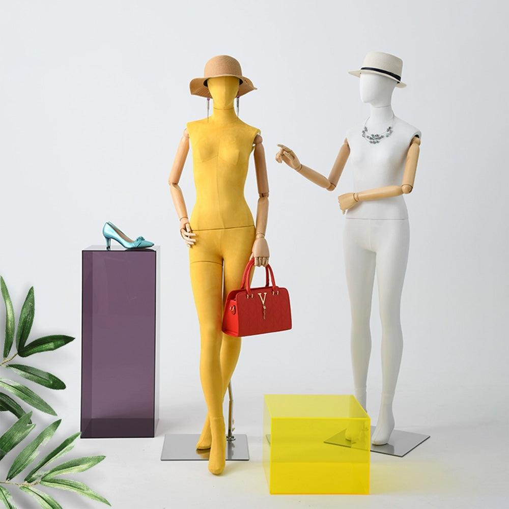 DE-LIANG Suede Female Full Body Mannequin with Wooden Arms,Coloful Fabric Dress Form Display Model for Clothing Stores