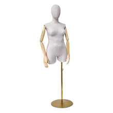 Load image into Gallery viewer, Adult Female Plus Size Torso Mannequin,Half Body Display Dummy,Bamboo Linen Fabric Clothing Dress Form,Adult Props with Wooden Arms,Mannequin for Cloth Window Display
