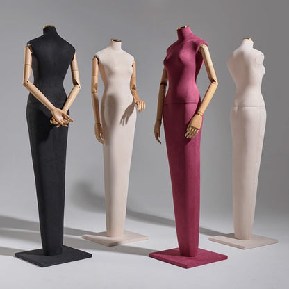 DE-LIANG Luxury Suede Female Mannequin with Articulated Wooden Arms - Modern Tapered Column Base for High-End Boutique & Couture Display
