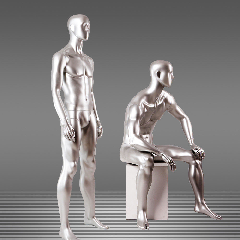 DE-LIANG Male Full Body Mannequins Set | Silver Fiberglass Dress Form Display with  Arms | Standing & Sitting Male Mannequin for Clothing Store Window Display