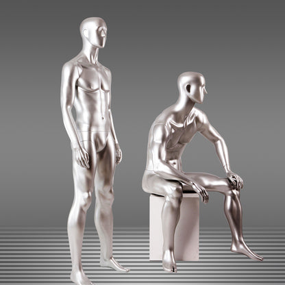 DE-LIANG Male Full Body Mannequins Set | Silver Fiberglass Dress Form Display with  Arms | Standing & Sitting Male Mannequin for Clothing Store Window Display