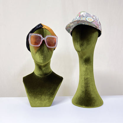 Luxurious Olive-Green Velvet Head Model, Can Pinnable Cloth Head Mannequin, Head Hat Stand/Display, Lace Head Wig Stand, Hat Rack W/ Fabric DE-LIANG