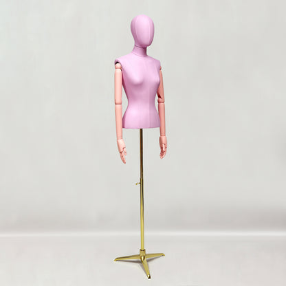 DE-LIANG Lilac Leather Female Half Body Mannequin with Arms & Gold Base – Luxury Dress Form Torso, Fiberglass Display Model for Boutique Clothing, Jewelry & Fashion Window Display