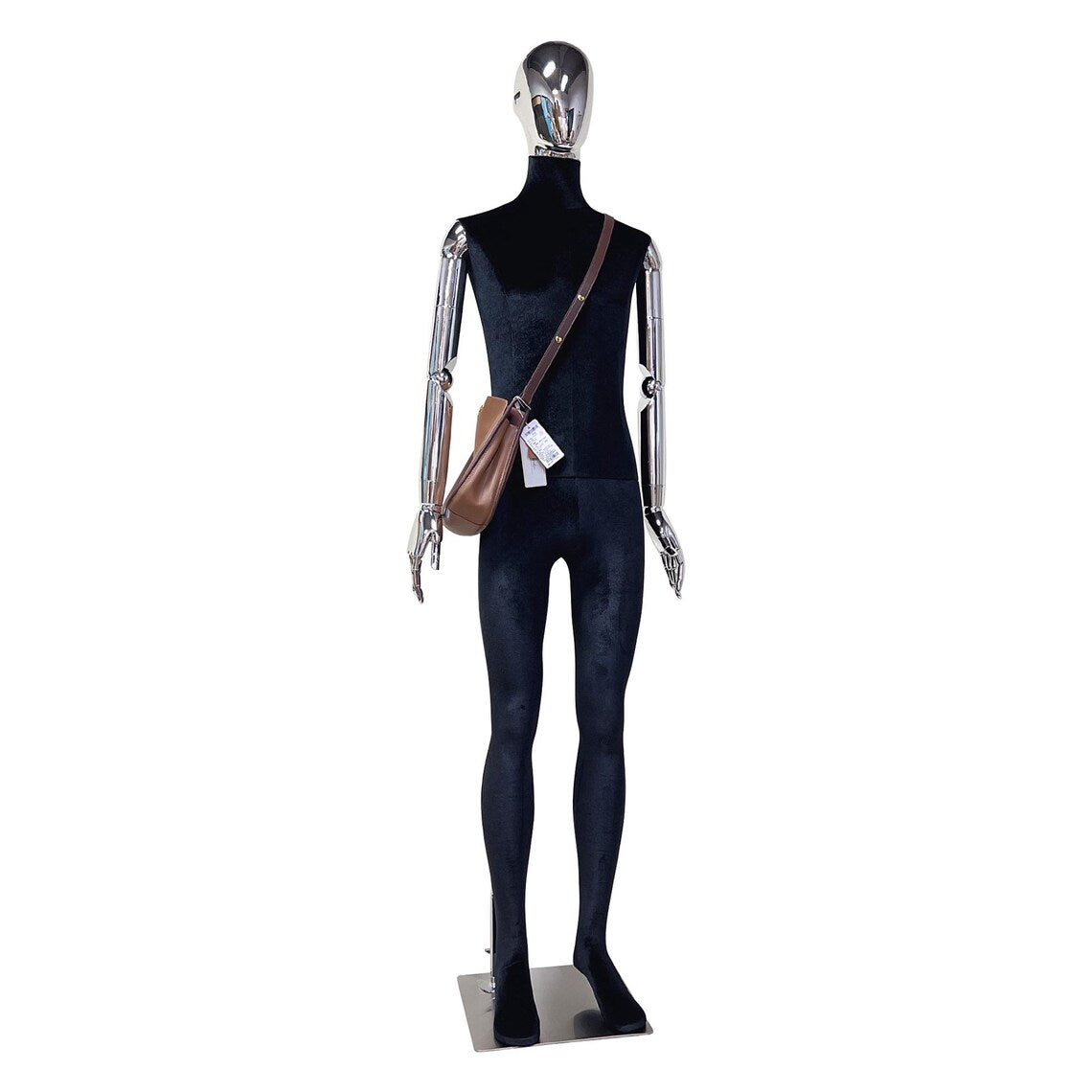 DE-LIANG Black Velvet Male Full Body Mannequin: Silver Arms & Base, Men Display mannequin