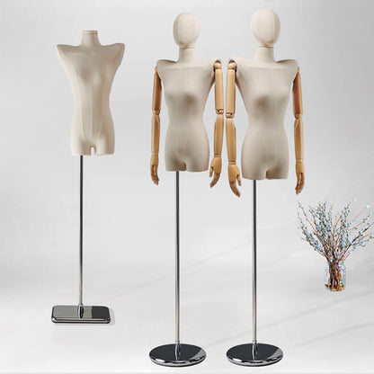 DE-LIANG Female Half Body Mannequin Torso with Wooden Arms & Metal Base