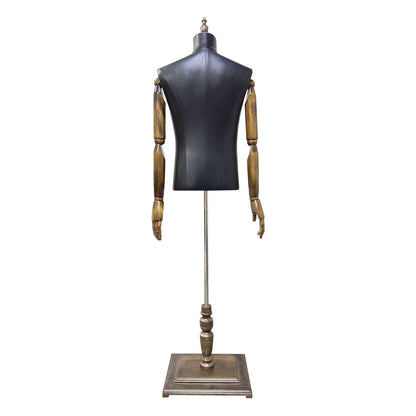 High-end Male Mannequin Torso,Leather Fabric Men Bust Model Prop,Dummy Maniquin Body for Pants/Suit Display,Adult Dress Form with Wood Base DLMH340-PULEATHER-BLACK DE-LIANG