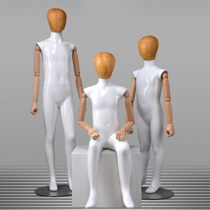 DE-LIANG Glossy White Full Body Childs Mannequin with Wooden Arms & Head for Store Window, Boutique Clothing & Fashion Display