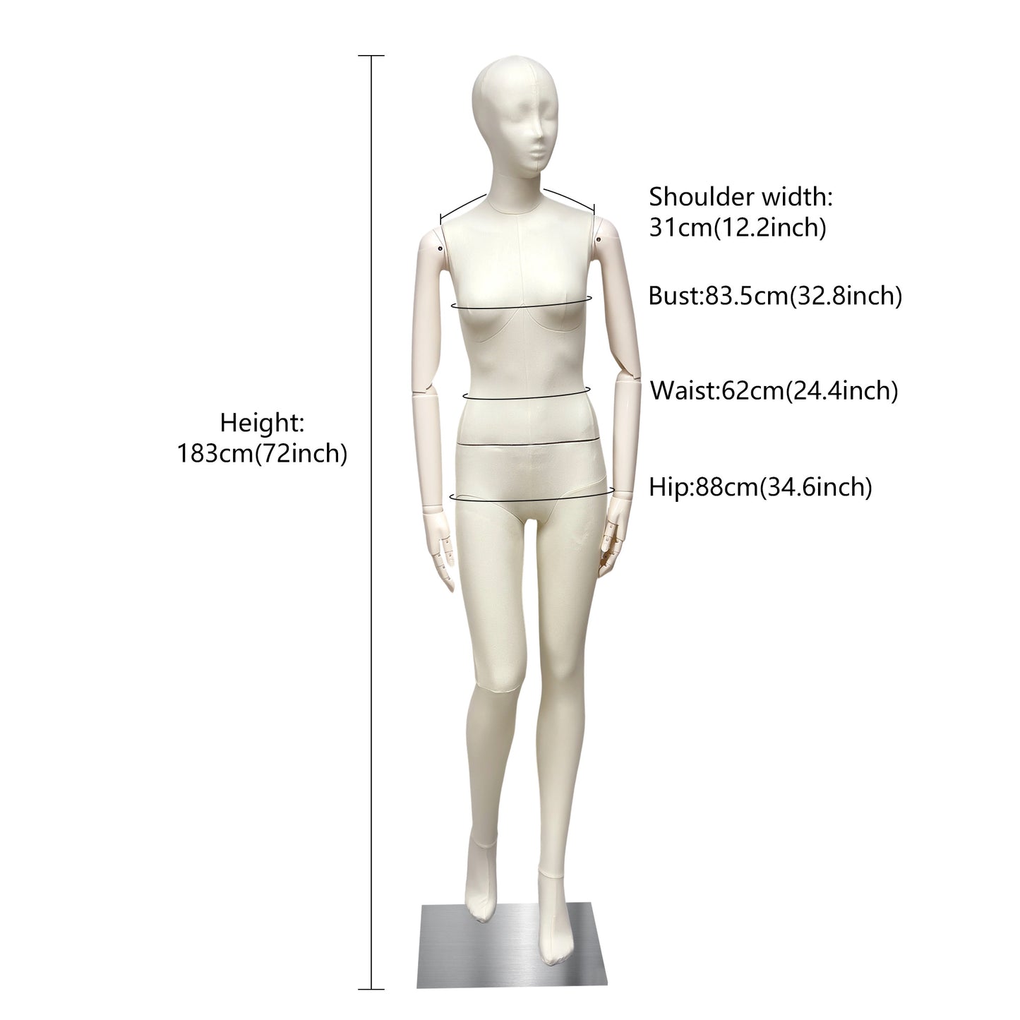 DE-LIANG Luxury Full Body Female Mannequin Set,Fabric Covered Retail Display Mannequins with Arms & Metal Base,Window Display, Boutique Clothing Form, Retail Visual Merchandising
