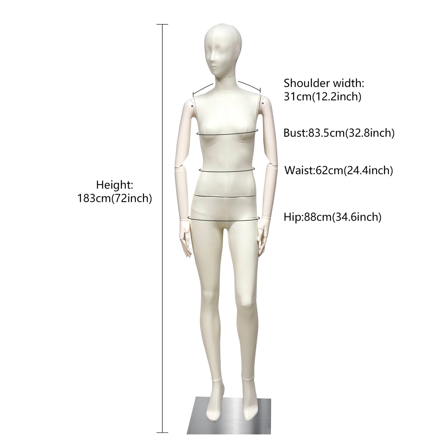 DE-LIANG Luxury Full Body Female Mannequin Set,Fabric Covered Retail Display Mannequins with Arms & Metal Base,Window Display, Boutique Clothing Form, Retail Visual Merchandising