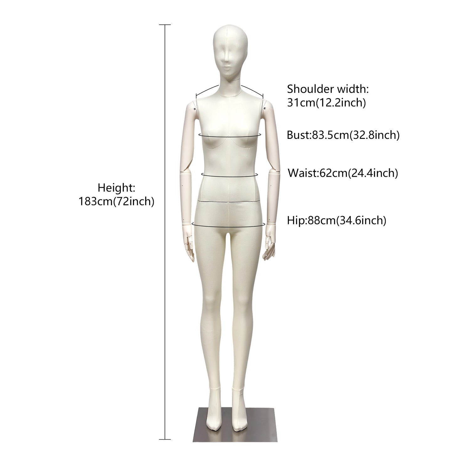DE-LIANG Luxury Full Body Female Mannequin Set,Fabric Covered Retail Display Mannequins with Arms & Metal Base,Window Display, Boutique Clothing Form, Retail Visual Merchandising