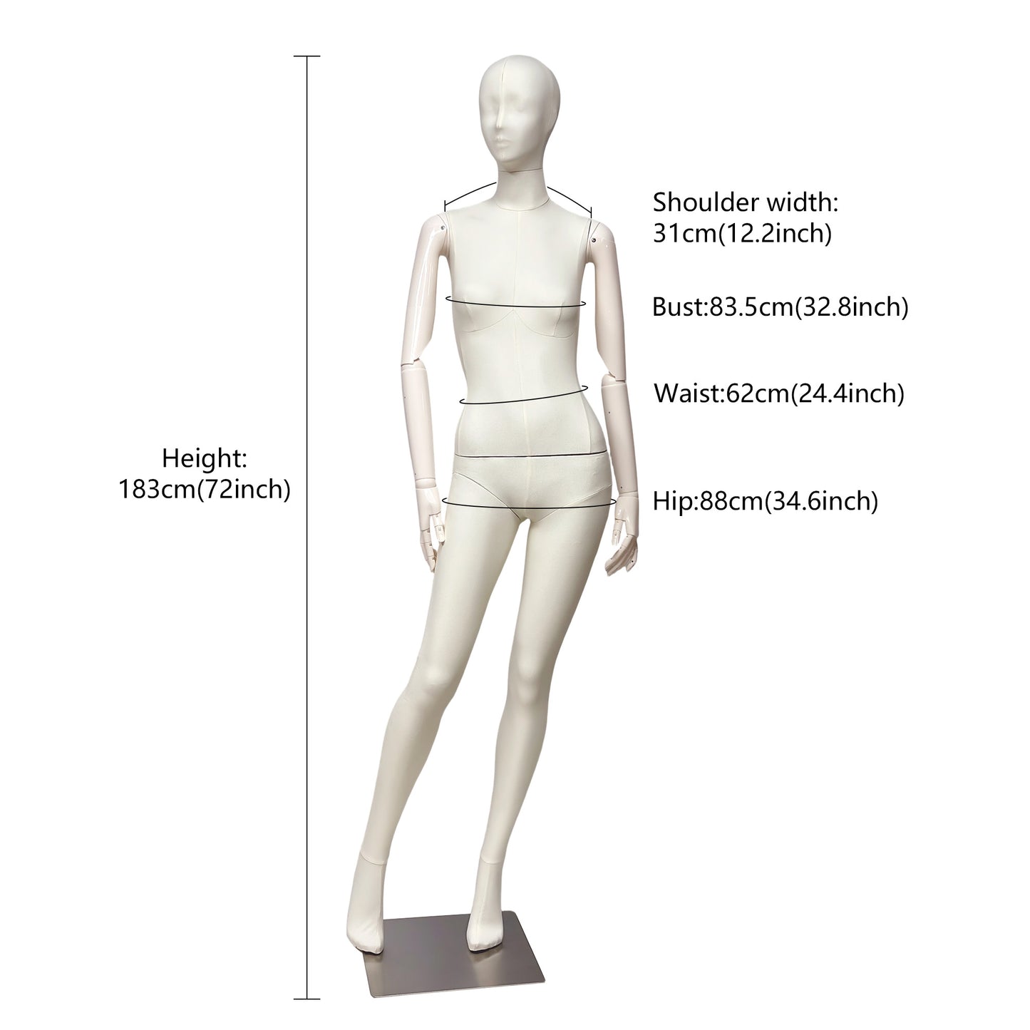 DE-LIANG Luxury Full Body Female Mannequin Set,Fabric Covered Retail Display Mannequins with Arms & Metal Base,Window Display, Boutique Clothing Form, Retail Visual Merchandising