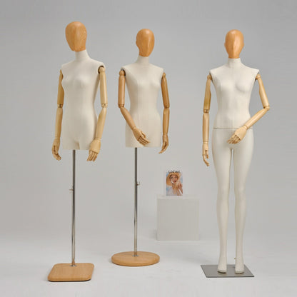 DE-LIANG Female Half Body Mannequin,Linen Display Mannequin with Fiberglass Head With Wooden Effection for Fashion Cloth Dressmaker Dummy DE-LIANG