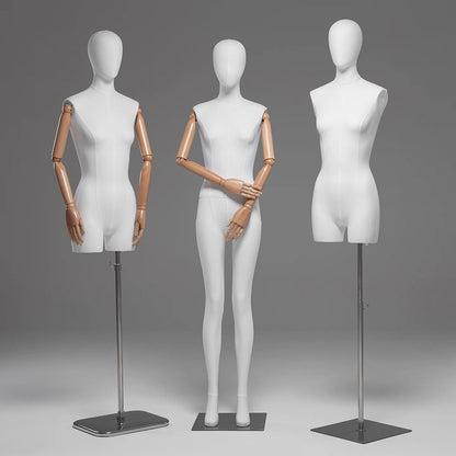 DE-LIANG Female Full / Half Body Mannequin with Adjustable Wooden Arms,Dress Form Display Torso with Metal Stand,Linen & White Finish Display Mannequins for Clothing Store