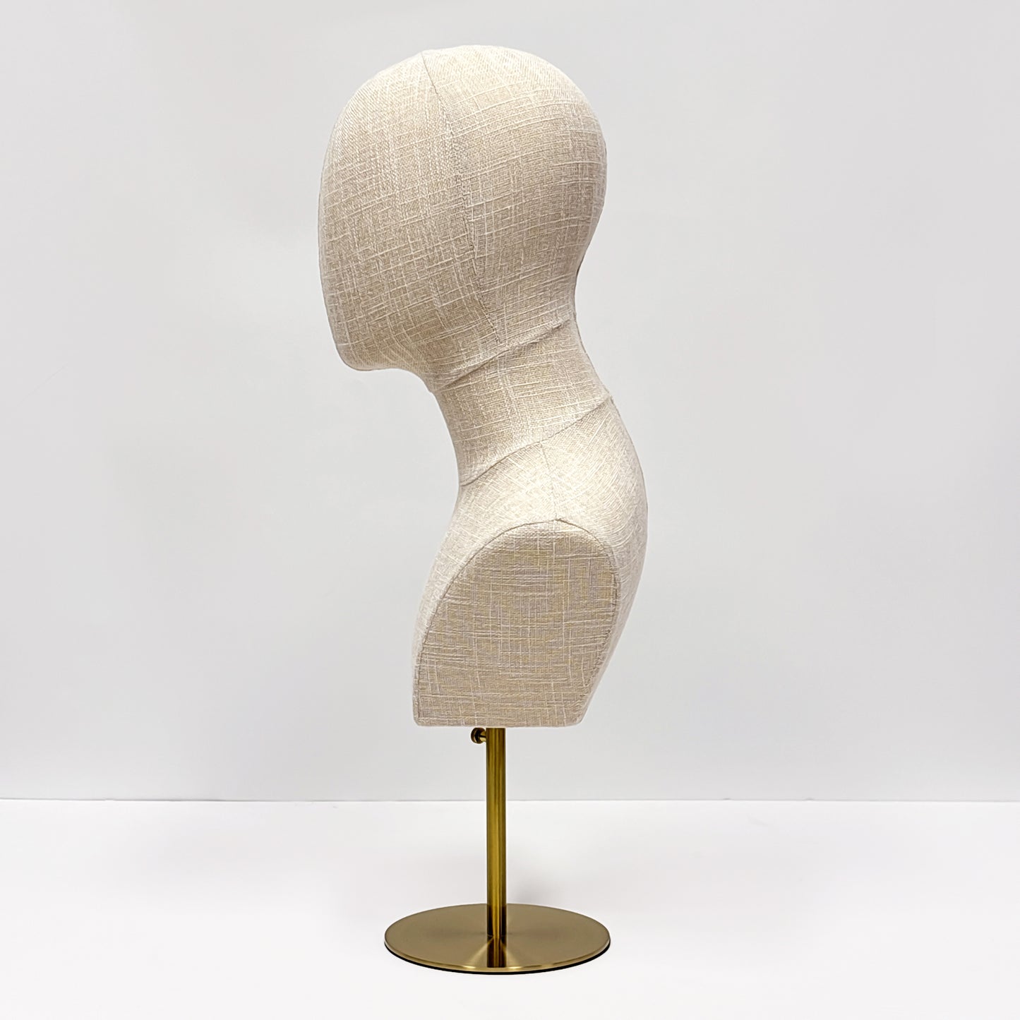 DE-LIANG Fully Pinnable Linen Mannequin Head Form,Bamboo linen Display Manikin Head Stand With Golden Round Base, Detachable Adjustable Heigh Pole