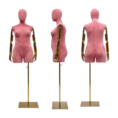 DE-LIANG Maniquí femenino de lujo de talla grande con brazos dorados, maniquí de torso de gamuza rosa, modelo de exhibición de torso de maniquí de talla grande