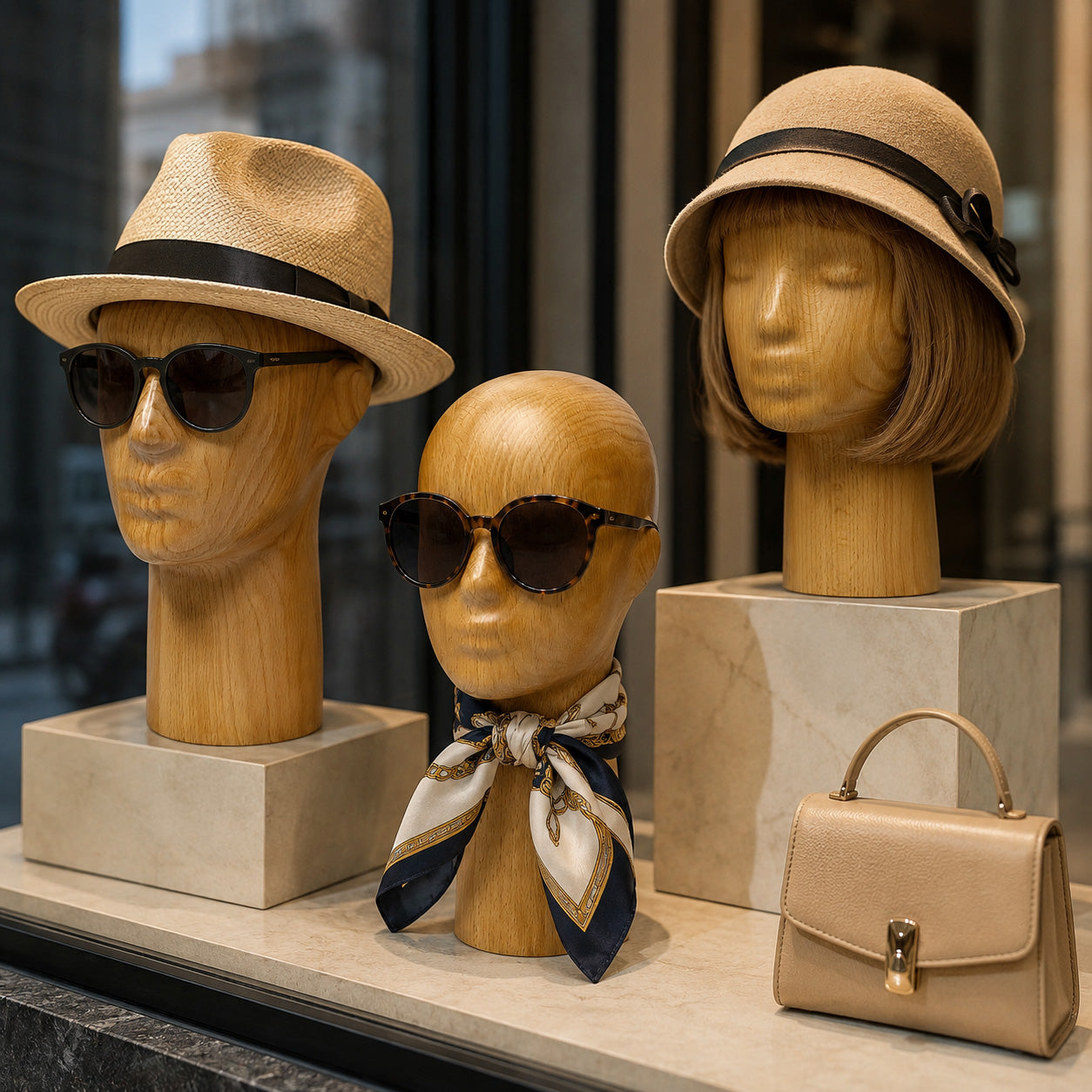DE-LIANG Wooden Mannequin Head Stand for Hats Wigs & Glasses | Beechwood Display Model