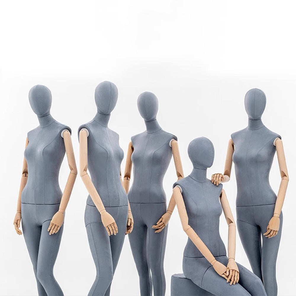 Grey Suede Female Full Body Mannequin with Wooden Arms