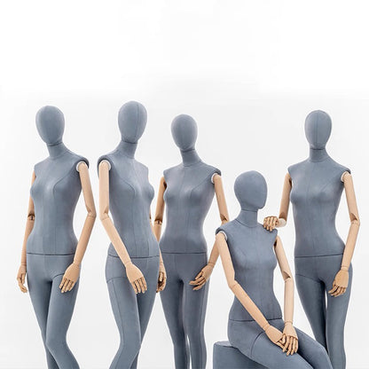 Grey Suede Female Full Body Mannequin with Wooden Arms