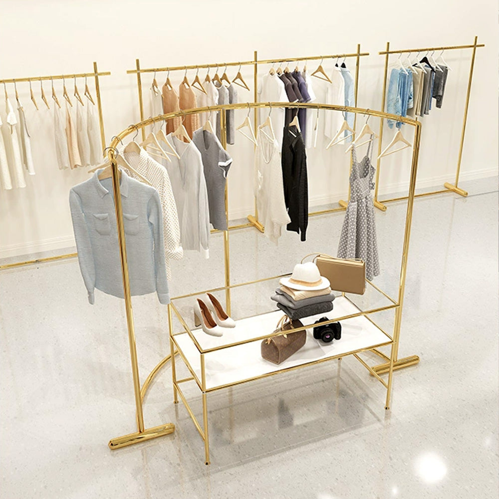 Arc Clothing display stand, Titanium Gold Stainless Steel Floor Apparel Clothes Hanger,Island Table Display Shelves , Glass Desk Displ Stand - De-Liang Dress Forms